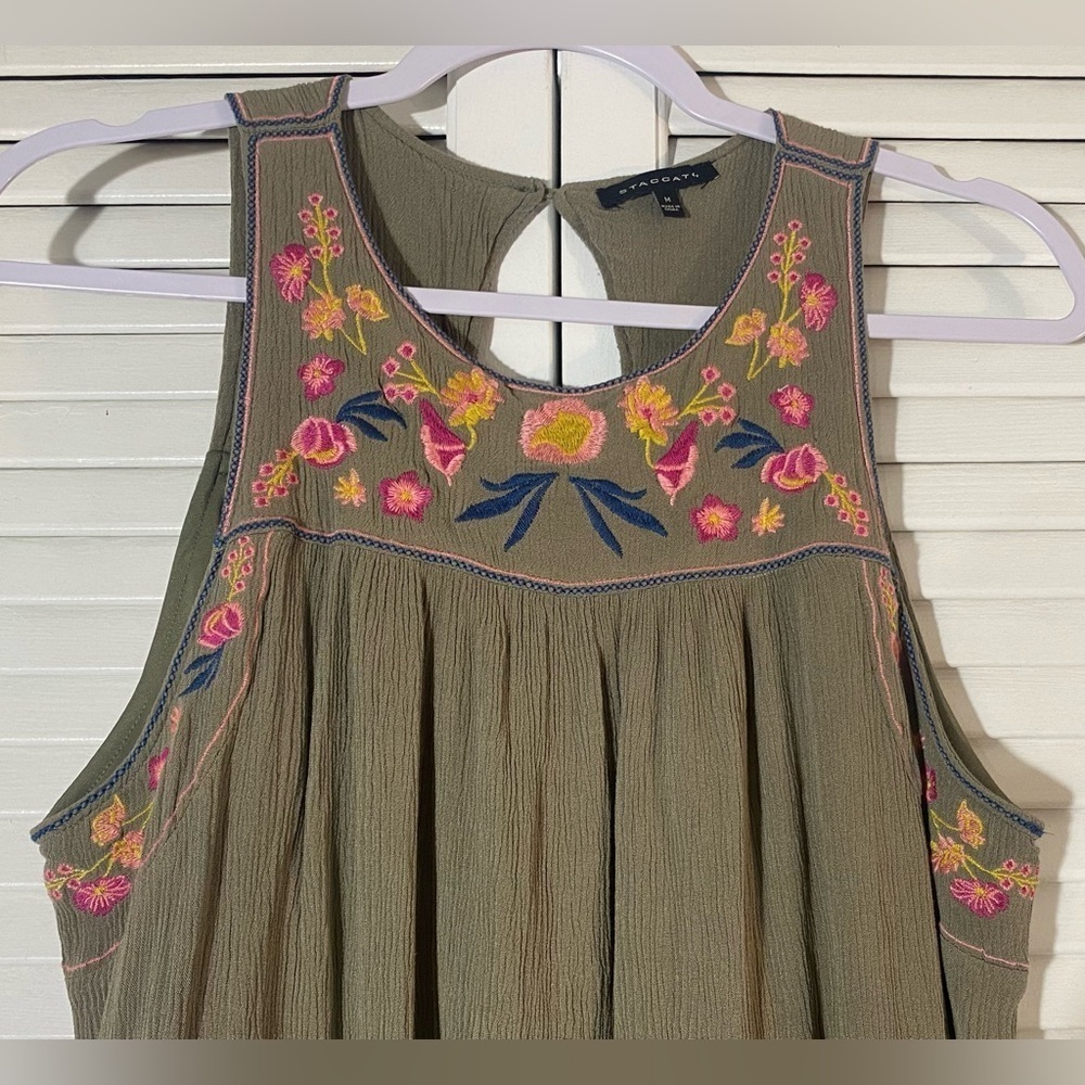 Staccato Floral Embroidered Olive Green Sleeveless Dress, Size M Anthropologie - Picture 6 of 7